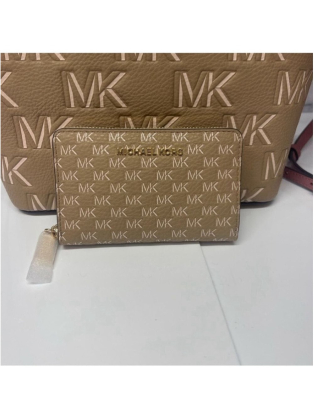 Michael Kors Eliza Small Embossed Tote & Matching Wallet Camel Brown Tan Logo - Picture 12 of 15